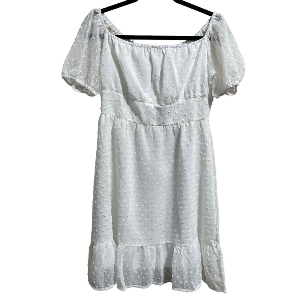 Lyaner Women’s White Swiss Dot Off the Shoulder Puff Sleeve Flowy Dress Size S
